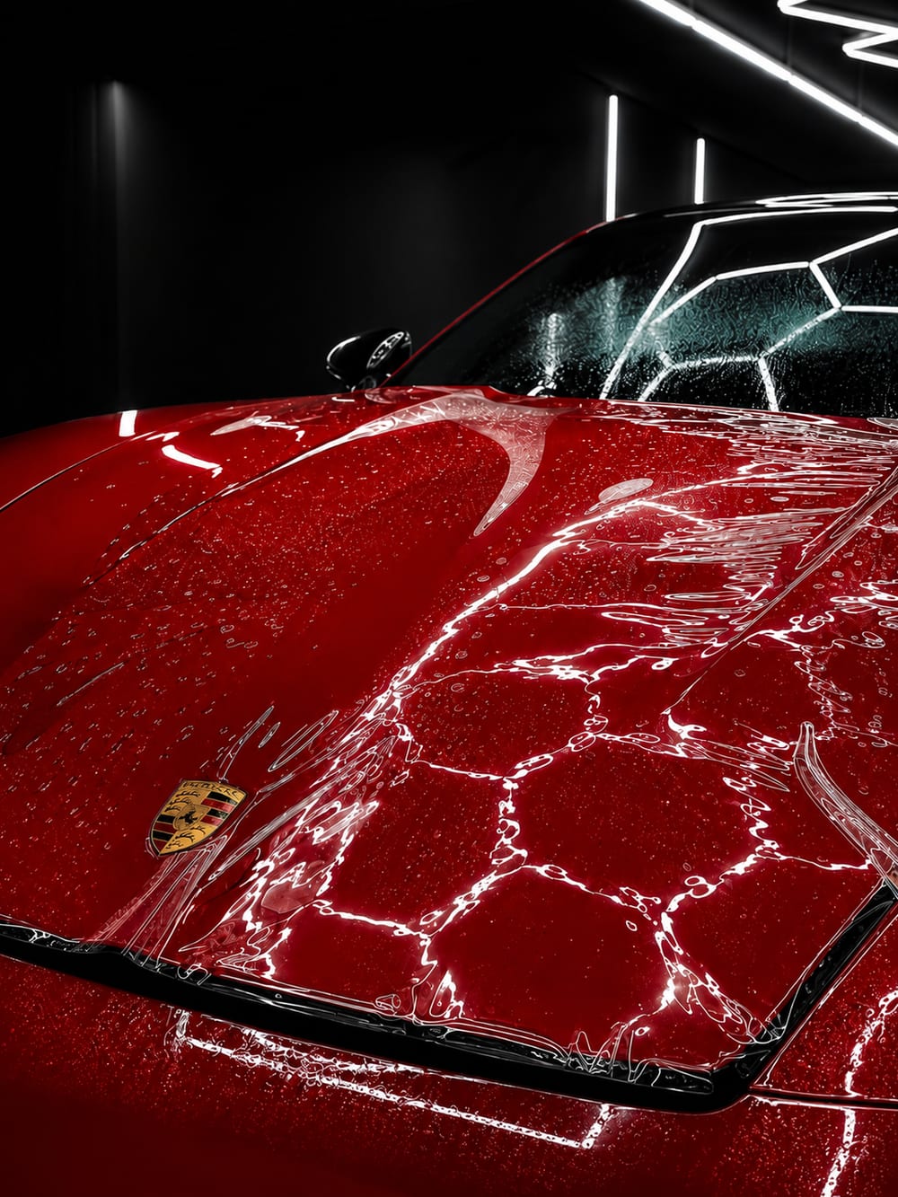 Film PPF de protection carrosserie sur le capot d'une Porsche rouge : l'eau perle et ruisselle sur la surface